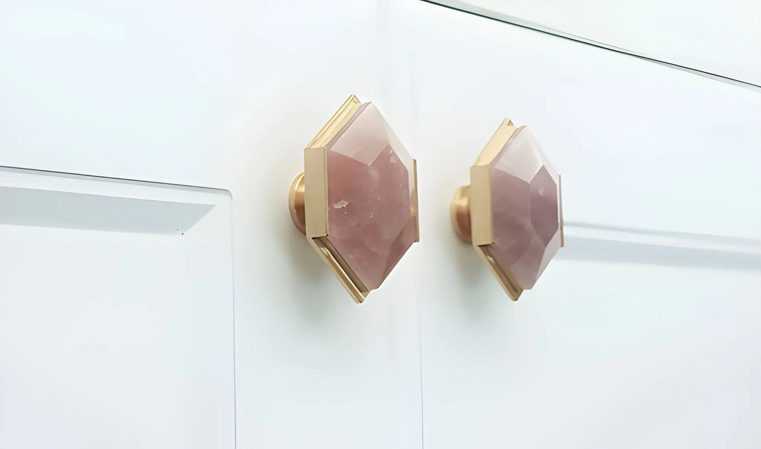The Mantara C-0004 is a Nordic crystal + brass knob in pink, ideal for wardrobes, drawers & cabinets.