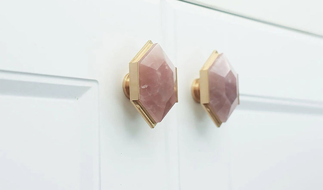 The Mantara C-0004 is a Nordic crystal + brass knob in pink, ideal for wardrobes, drawers &amp; cabinets.