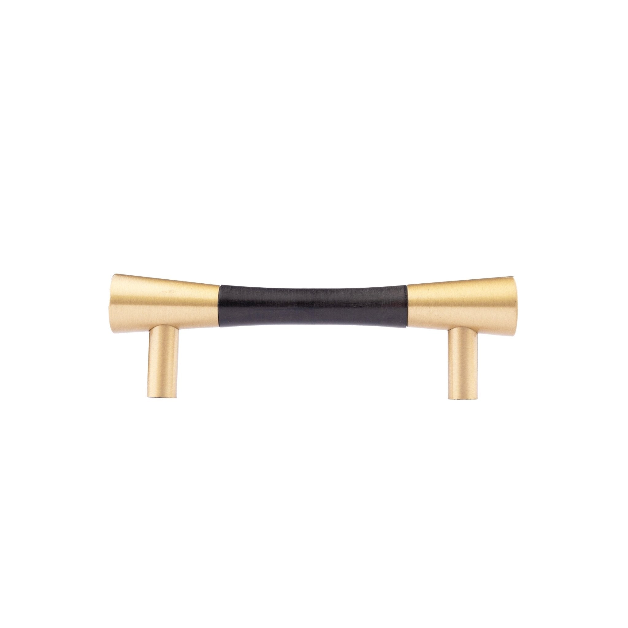 Furniture handle in brass and wood, featuring a tapered form in black and gold finish, Sylvia Handle W-0014 by Mantara.