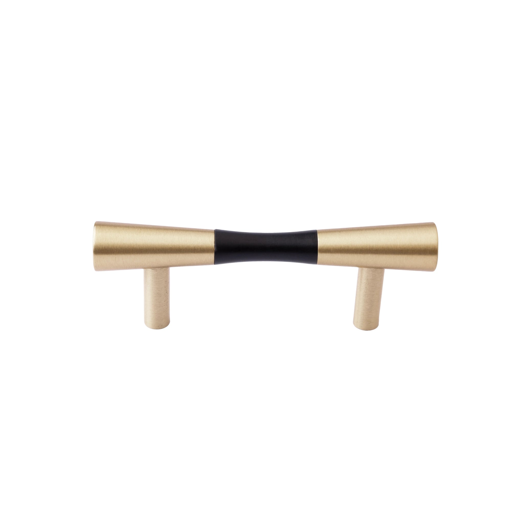 Furniture handle in brass and wood, featuring a tapered form in black and gold finish, Sylvia Handle W-0014 by Mantara.