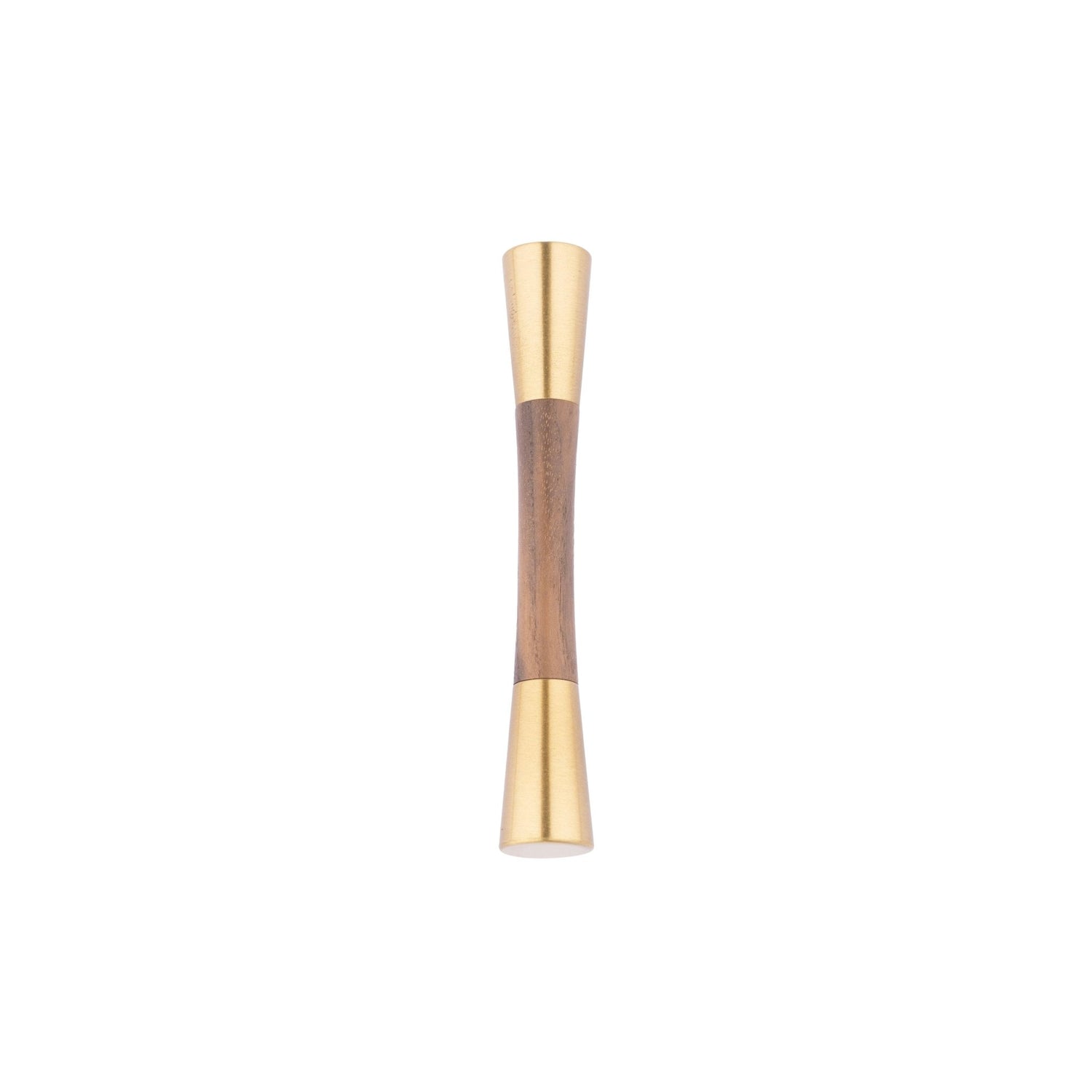 Furniture handle in brass and wood, featuring a tapered form in brown and gold finish, Sylvia Handle W-0014 by Mantara.