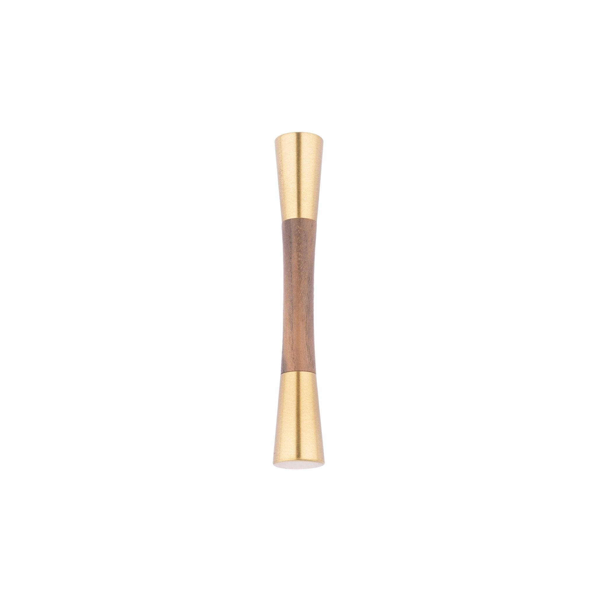 Furniture handle in brass and wood, featuring a tapered form in brown and gold finish, Sylvia Handle W-0014 by Mantara.