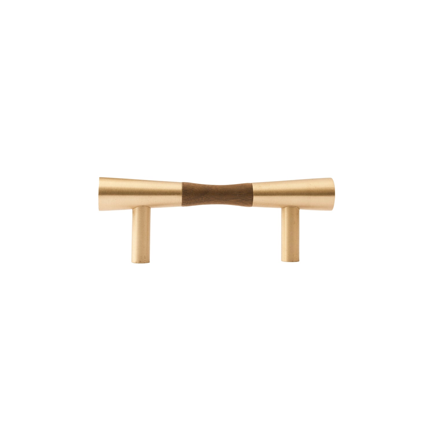 Furniture handle in brass and wood, featuring a tapered form in brown and gold finish, Sylvia Handle W-0014 by Mantara.