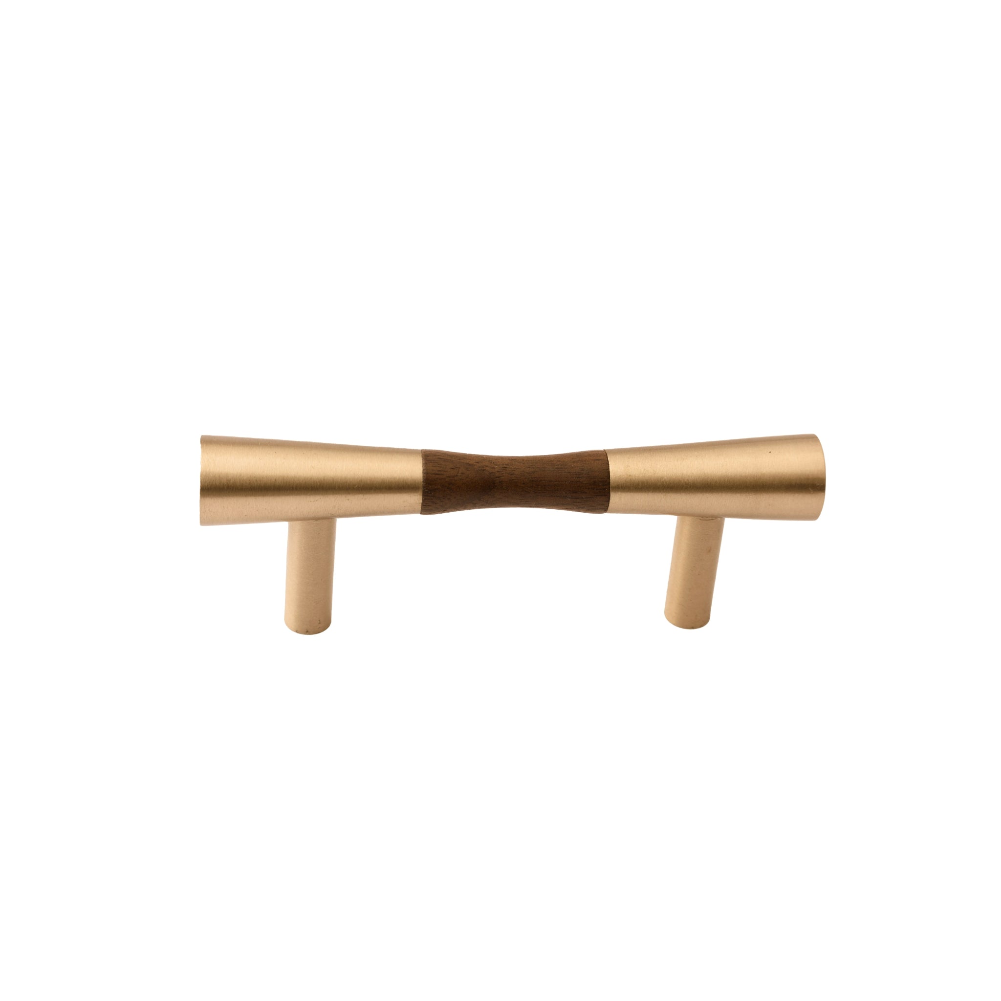 Furniture handle in brass and wood, featuring a tapered form in brown and gold finish, Sylvia Handle W-0014 by Mantara.