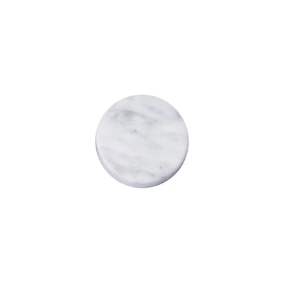The Mantara M-0001 Theo Knob is a modern marble and brass knob in white, ideal for doors, drawers, and cabinets.