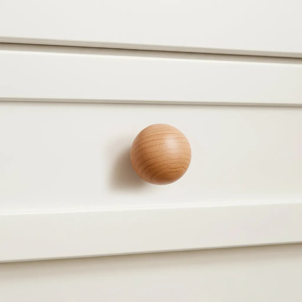 Beige Wooden knob on a white drawer