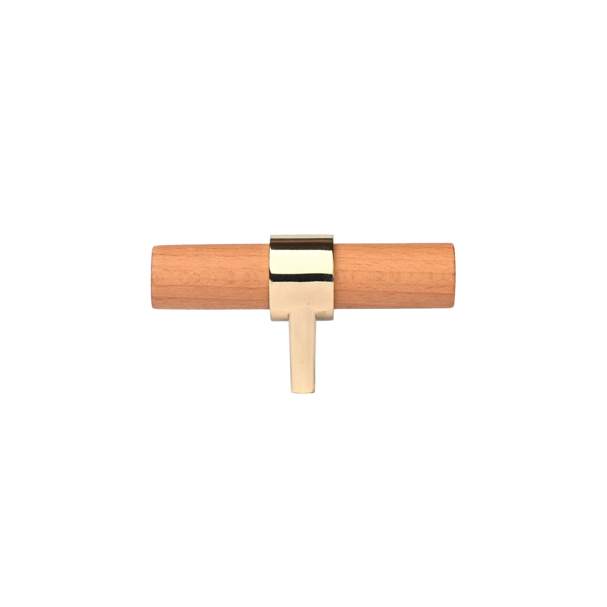 Mantara Walden Handle W-0035 is a modern zinc alloy and beech wood Tbar handle in gold, ideal for kitchen and dresser drawers.