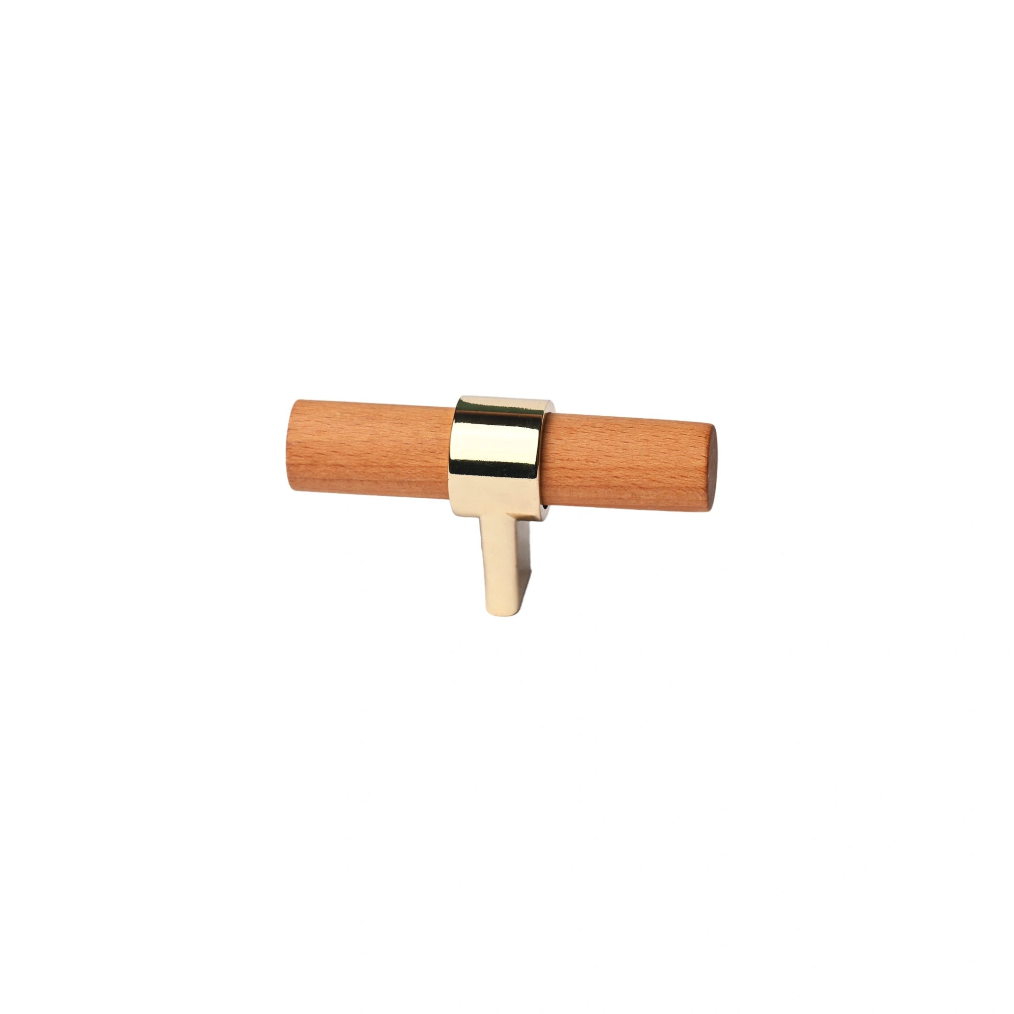 Mantara Walden Handle W-0035 is a modern zinc alloy and beech wood Tbar handle in gold, ideal for kitchen and dresser drawers.
