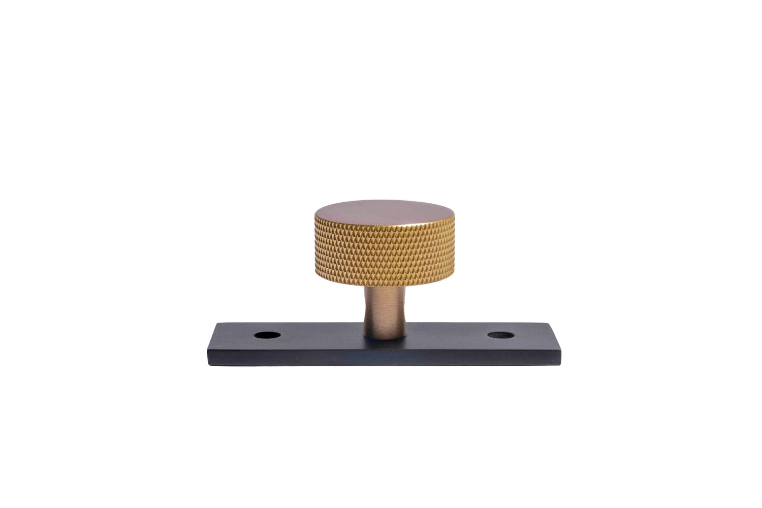 The Mantara B-0118 is a modern brass knob in gold with a black stabiliser base, ideal for kitchen and dresser drawers.